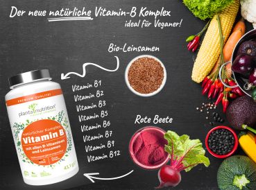 Natürlicher Vitamin B - Komplex, 120 Kapseln, mit Vitamin B1, B2, B3, B5, B6, B7, B9, B12 + Bio-Leinsamenmehl, Biotin & Folsäure