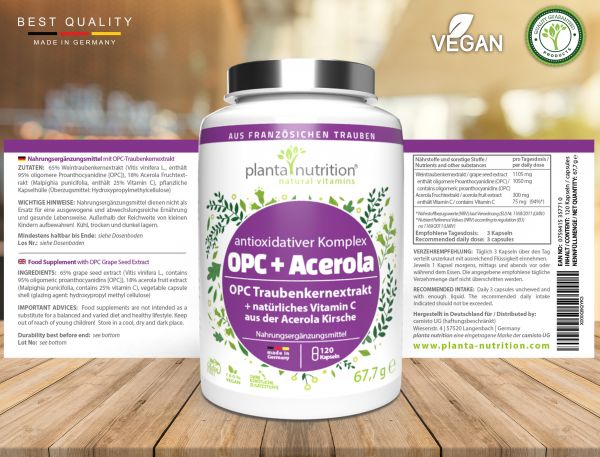 OPC Traubenkernextrakt + Acerola Extrakt, hochdosiert, vegan, Premium Formel, 120 Kapseln