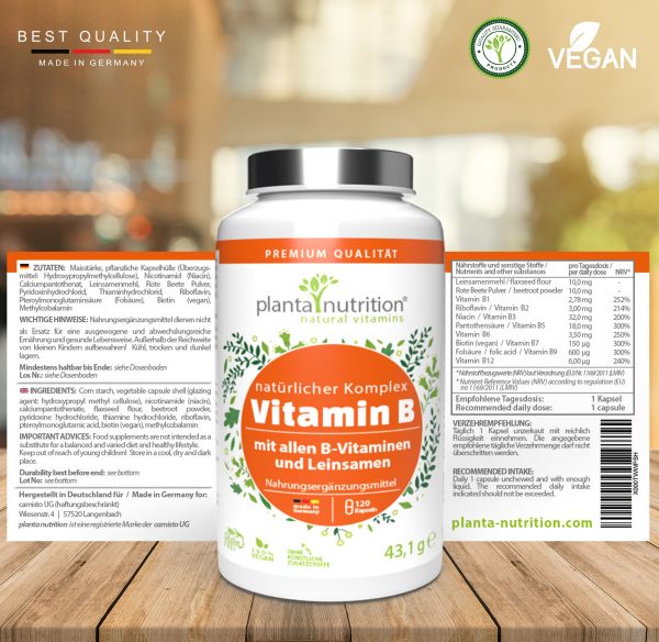 Natürlicher Vitamin B - Komplex, 120 Kapseln, mit Vitamin B1, B2, B3, B5, B6, B7, B9, B12 + Bio-Leinsamenmehl, Biotin & Folsäure